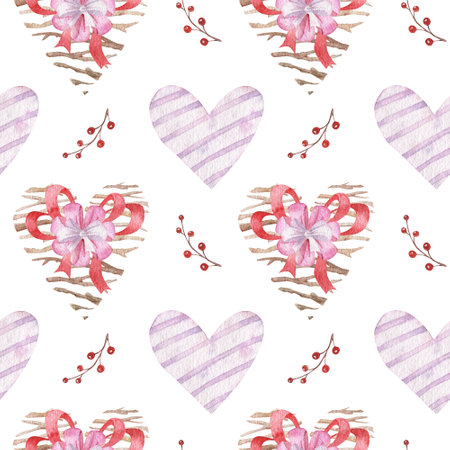 Watercolor seamless pattern with hearts and decorations for Valentine's day. Hearts and ribbons...
