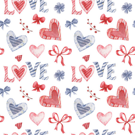 Watercolor seamless pattern with hearts and love for Valentine's day. Hearts and ribbons pattern for Valentine's day cards, greeting cards, gifts, t-shirts, mugs, stickers, scrapbooking crafts and design. Watercolor illustration, seamless pattern on white backgroundの写真素材