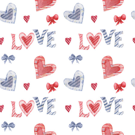 Watercolor seamless pattern with hearts and love for Valentine's day. Hearts and ribbons pattern for Valentine's day cards, greeting cards, gifts, t-shirts, mugs, stickers, scrapbooking crafts and design. Watercolor illustration, seamless pattern on white backgroundの写真素材