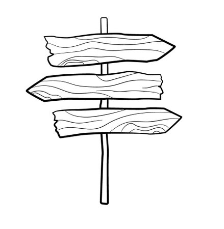 Doodle sketch of wooden indicator. Pointer. Direction sign. Directory wooden signboard road board wood tablet indicating. Board arrow object and wooden plank billboard illustration.のイラスト素材