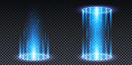 Blue hologram portal. Magic fantasy portal. Magic circle teleport podium with hologram effect. Vector blue glow rays with sparks on transparent background.のイラスト素材