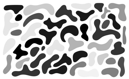 Grey irregular blob, set of abstract organic shapes. Abstract irregular random blobs. Simple liquid amorphous splodge. Trendy minimal designs for presentations, banners, posters and flyers.のイラスト素材