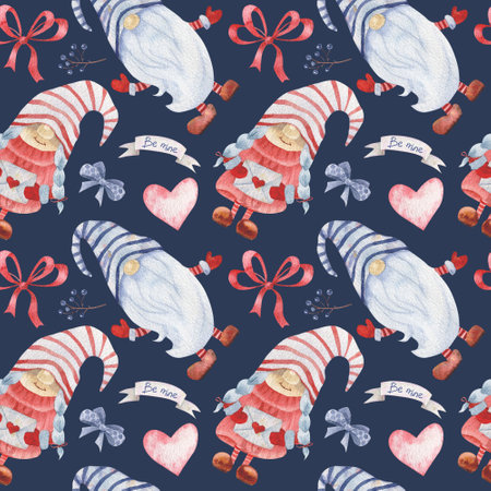 Watercolor seamless pattern with gnomes and decorations for Valentine's day. Scandinavian gnomes pattern for Valentine's day cards, greeting cards, gifts, t-shirts, mugs, stickers, scrapbooking crafts and design. Watercolor illustration, seamless pattern on blue backgroundの写真素材