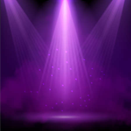 Purple spotlight. Bright lighting with spotlights of the stage with purple ducst on transparent background.のイラスト素材