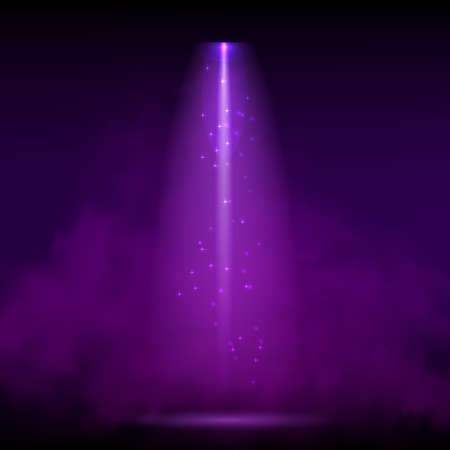 Purple spotlight. Bright lighting with spotlights of the stage with purple dust on dark background.のイラスト素材