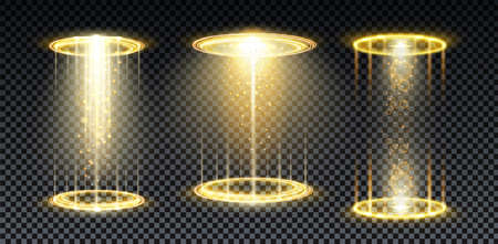 Gold hologram portal. Magic fantasy portal. Magic circle teleport podium with hologram effect. Vector gold glow rays with sparks on transparent background.のイラスト素材