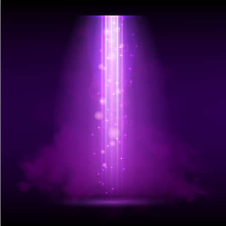 Purple spotlight. Bright lighting with spotlights of the stage with purple ducst on transparent background.のイラスト素材