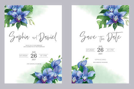 Watercolor wedding invitation cards. Floral poster, invite. Elegant wedding invitation with watercolor floral elements.の写真素材