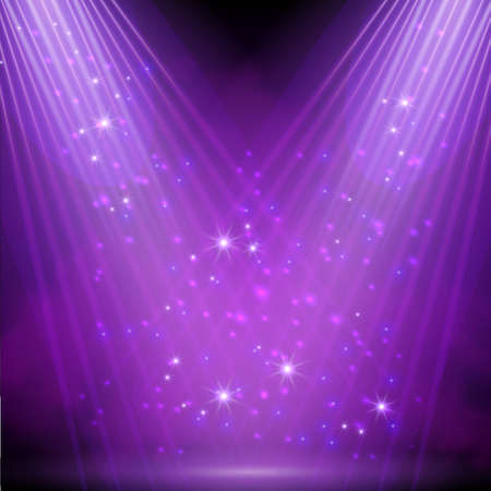 Purple spotlight. Bright lighting with spotlights of the stage with purple dust on dark background.の写真素材