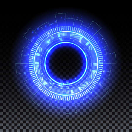 Blue hologram portal. Magic fantasy portal. Magic circle with halo effect. Vector blue glow scifi teleport with sparks and hologram, technology background.のイラスト素材