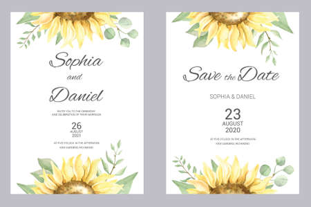 Watercolor wedding invitation cards. Floral poster, invite. Elegant wedding invitation with watercolor floral elements, sunflower and eucalyptus.の写真素材