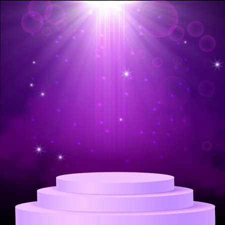 Purple spotlight. Bright lighting with spotlights of the stage with purple dust and cylinder podium.のイラスト素材