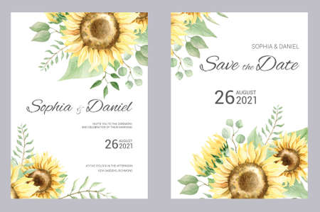 Watercolor wedding invitation cards. Floral poster, invite. Elegant wedding invitation with watercolor floral elements, sunflower and eucalyptus.の写真素材
