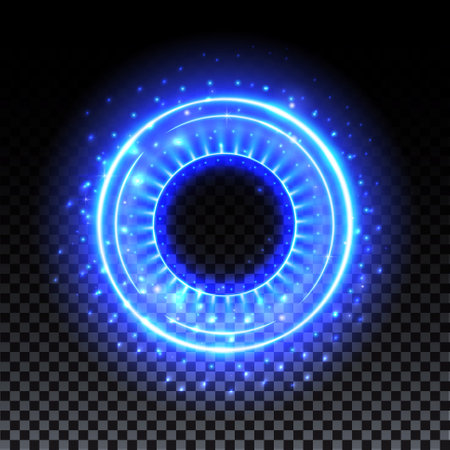 Blue hologram portal. Magic fantasy portal. Magic circle with halo effect. Vector blue glow scifi teleport with sparks and hologram, technology background.のイラスト素材