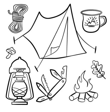 Set of doodle forest camping design elements. Hand drawn hiking and camping doodles perfect for summer camp flyers and posters.のイラスト素材