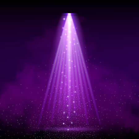 Purple spotlight. Bright lighting with spotlights of the stage with purple dust on dark background.のイラスト素材