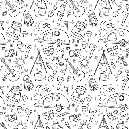 Hiking and camping seamless pattern with travel elements. Seamless pattern for design, posters, backgrounds Hiking, travel and camping theme. Guitar, camper, ax, campfire, camera, binoculars in line styleのイラスト素材