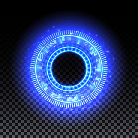 Blue hologram portal. Magic fantasy portal. Magic circle with halo effect. Vector blue glow scifi teleport with sparks and hologram, technology background.のイラスト素材