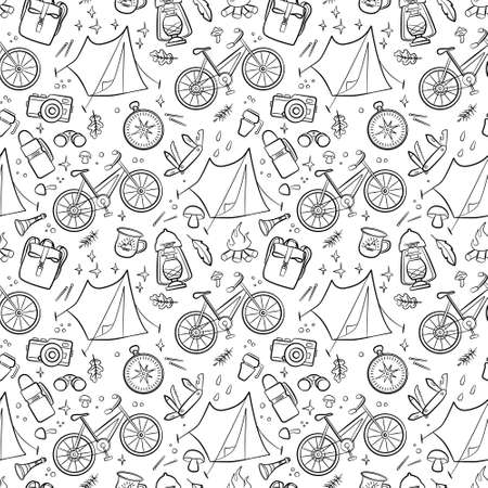 Hiking and camping seamless pattern with travel elements. Seamless pattern for design, posters, backgrounds Hiking, travel and camping theme. Tent, byke, campfire, camera, binoculars in line style.のイラスト素材
