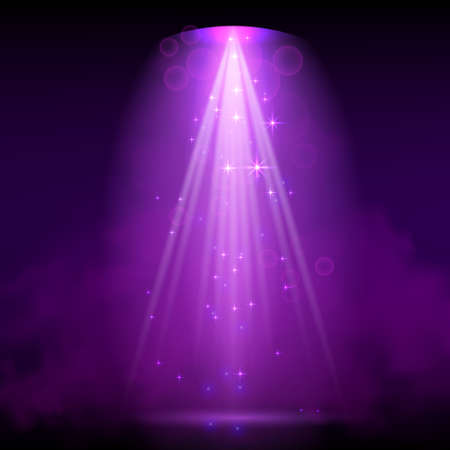 Purple spotlight. Bright lighting with spotlights of the stage with purple dust on dark background.のイラスト素材