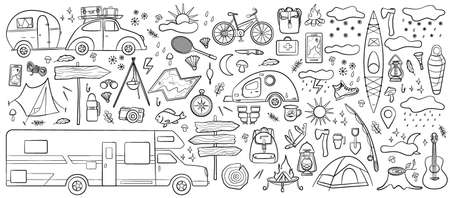 Set of doodle forest camping design elements. Hand drawn hiking and camping doodles perfect for summer camp flyers and posters.のイラスト素材