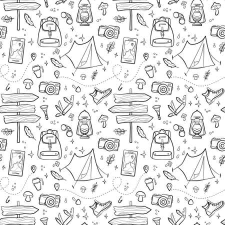 Hiking and camping seamless pattern with travel elements. Seamless pattern for design, posters, backgrounds Hiking, travel and camping theme. Tent, sing, campfire, map, camera, binoculars in line styleのイラスト素材
