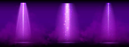Purple spotlight. Set of bright lighting with spotlights of the stage with purple ducst on transparent background.のイラスト素材