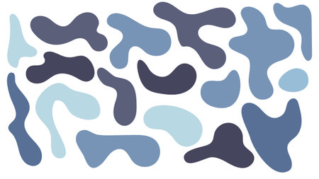Blue irregular blob, set of abstract organic shapes. Abstract irregular random blobs. Simple liquid amorphous splodge. Trendy minimal designs for presentations, banners, posters and flyersのイラスト素材