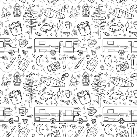 Hiking and camping seamless pattern with travel elements. Seamless pattern for design, posters, backgrounds Hiking, travel and camping theme. Tent, sing, campfire, map, camera, binoculars in line styleのイラスト素材