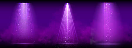 Purple spotlight. Set of bright lighting with spotlights of the stage with purple ducst on transparent backgroundのイラスト素材