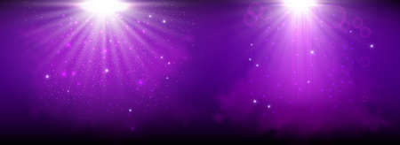 Purple spotlight. Set of bright lighting with spotlights of the stage with purple ducst on transparent background.のイラスト素材