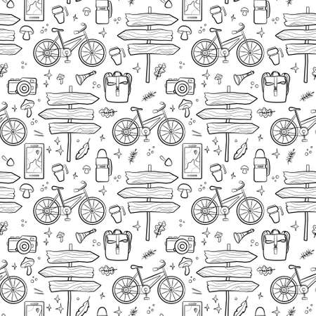 Hiking and camping seamless pattern with travel elements. Seamless pattern for design, posters, backgrounds Hiking, travel and camping theme. Byke, sing, campfire, map, camera, binoculars in line styleのイラスト素材
