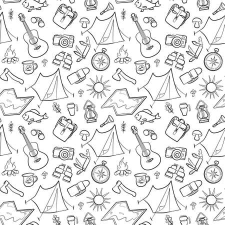 Hiking and camping seamless pattern with travel elements. Seamless pattern for design, posters, backgrounds Hiking, travel and camping theme. Tent, guitara, mug, map, camera, binoculars in line style.のイラスト素材