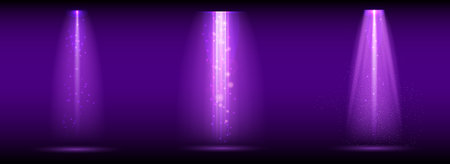 Purple spotlight. Set of bright lighting with spotlights of the stage with purple ducst on transparent background.のイラスト素材