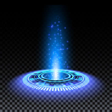 Blue hologram portal. Magic fantasy portal. Magic circle teleport podium with hologram effect. Vector blue glow rays with sparks on transparent background.のイラスト素材