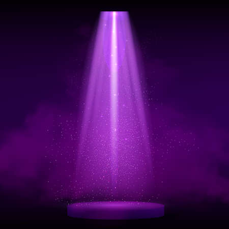 Purple spotlight. Bright lighting with spotlights of the stage with purple dust and cylinder podium.のイラスト素材