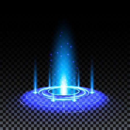 Blue hologram portal. Magic fantasy portal. Magic circle teleport podium with hologram effect. Vector blue glow rays with sparks on transparent background.のイラスト素材