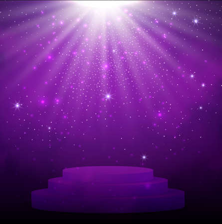 Purple spotlight. Bright lighting with spotlights of the stage with purple dust and cylinder podium.のイラスト素材