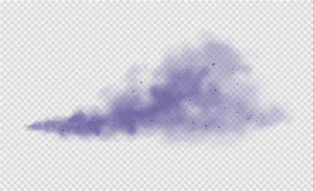 Purple dust or fog. Abstract purple powder explosion with particles. Violet smoke or dust isolated on light transparent background. Abstract mystical gas. Vector illustration.のイラスト素材