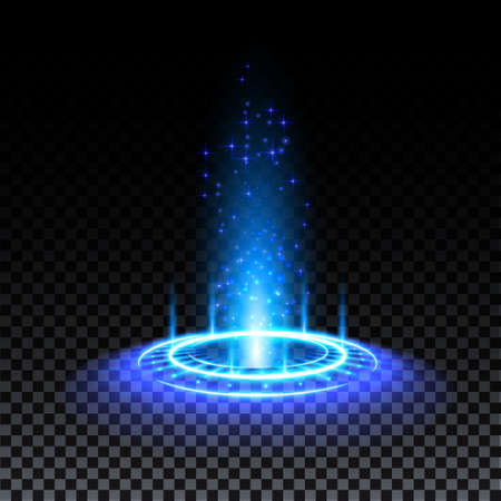 Blue hologram portal. Magic fantasy portal. Magic circle teleport podium with hologram effect. Vector blue glow rays with sparks on transparent background.のイラスト素材