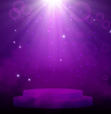 Purple spotlight. Bright lighting with spotlights of the stage with purple dust and cylinder podium.のイラスト素材