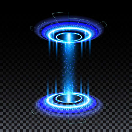 Blue hologram portal. Magic fantasy portal. Magic circle teleport podium with hologram effect. Vector blue glow rays with sparks on transparent background.のイラスト素材