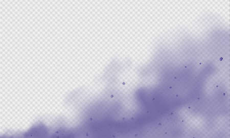 Purple dust or fog. Abstract purple powder explosion with particles. Violet smoke or dust isolated on light transparent background. Abstract mystical gas. Vector illustration.のイラスト素材