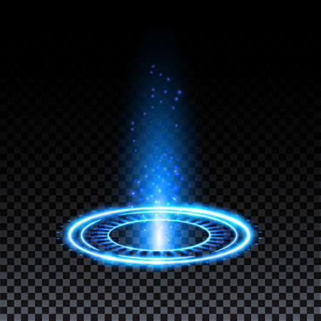 Blue hologram portal. Magic fantasy portal. Magic circle teleport podium with hologram effect. Vector blue glow rays with sparks on transparent background.のイラスト素材