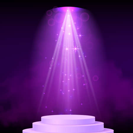 Purple spotlight. Bright lighting with spotlights of the stage with purple dust and cylinder podium.のイラスト素材
