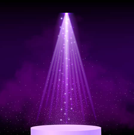 Purple spotlight. Bright lighting with spotlights of the stage with purple dust and cylinder podium.のイラスト素材