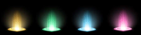 Color hologram portals set. Magic fantasy portal. Magic circle teleport podium with hologram effect. Vector colorful glow rays with sparks on black background.のイラスト素材