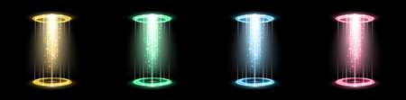 Color hologram portals set. Magic fantasy portal. Magic circle teleport podium with hologram effect. Vector colorful glow rays with sparks on black background.のイラスト素材