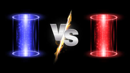 Versus fire battle with hologram podium, magic portal. MMA concept - fight night, MMA, boxing, wrestling, Thai boxing. VS of metal letters with light fire and glow. Versus battle vector.のイラスト素材