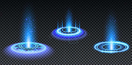 Blue hologram portal set. Magic fantasy portal. Magic circle teleport podium with hologram effect. Vector blue glow rays with sparks on transparent background.のイラスト素材